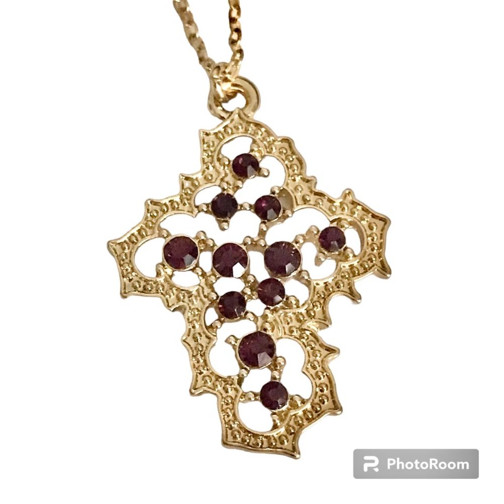 Vintage Style Cross Necklace Purple Crystals Simulated Amethyst Gold Plated 18"
